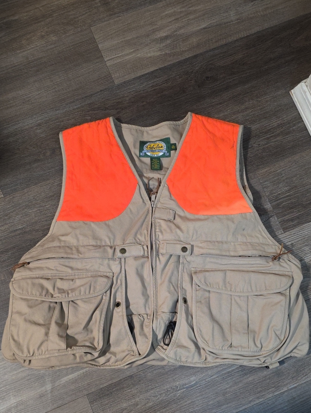Vintage Cabela's Tan Vest with Blaze Orange Panels Size XL PTP 26.5 26 Long 90s